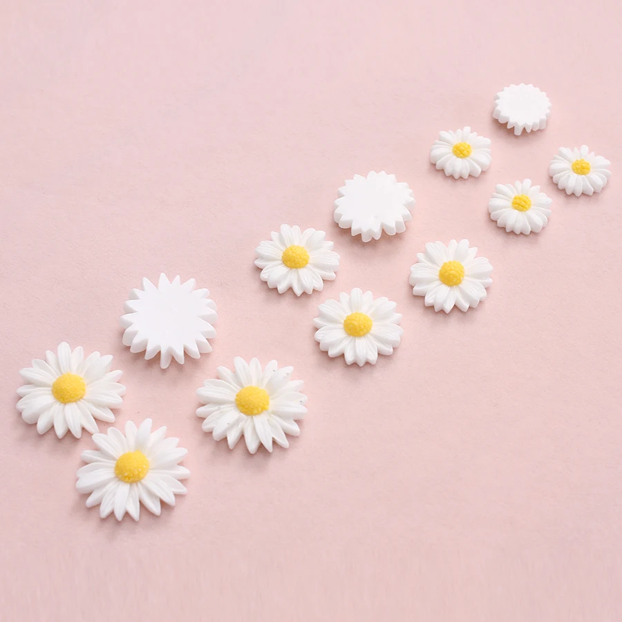 50pcs/lot 9mm-22mm White Flat Back Daisy Resin Flowers Cabochon Beads For Cell Phone Case Decoration Jewelry Making Diy Supplies