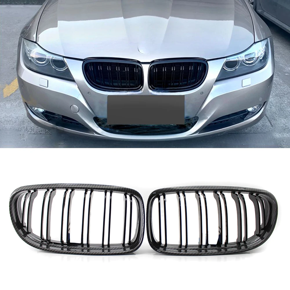 A Pair Car Front Bumper Grill For BMW E90 E91 3 Series 320i  325i 328i 330i 2009-2012 Carbon Fiber Look Front Kidney Grille