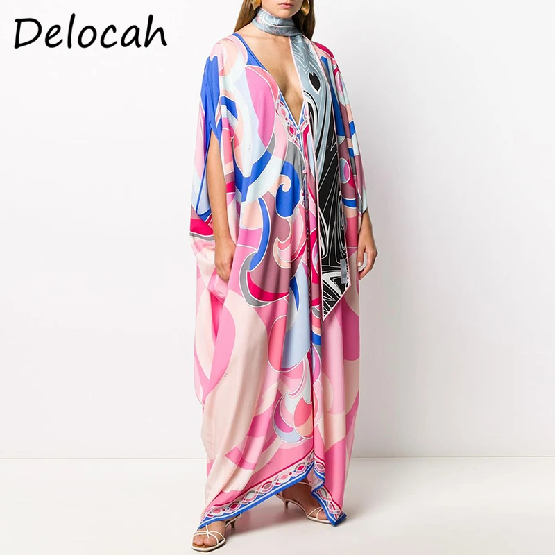 Delocah New 2021 Summer Women Fashion Designer Beach Holiday Maxi Dress Batwing Sleeve Geometric Printed Ladies Long Dresses