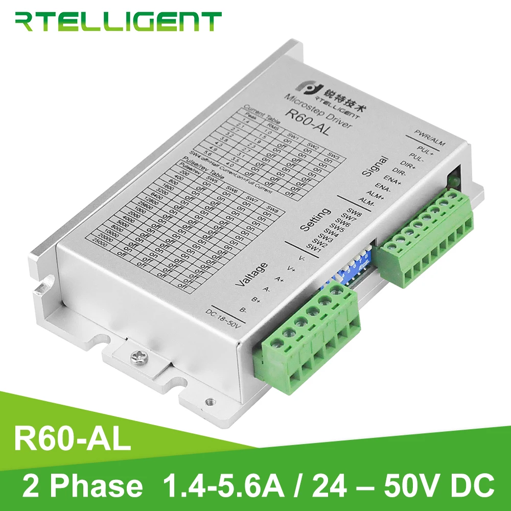 

Rtelligent 24-50VDC Nema 24 Stepper Motor Driver CNC R60-AL with Phase Missing Alarm Function and IO Control Stepper Driver