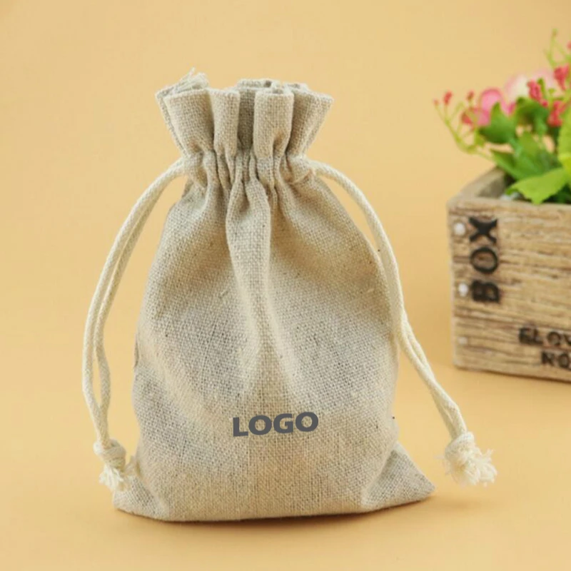 50 Pcs Tas Lenan Linen Perhiasan Kantung Cosmetic/Penyimpanan/Pernikahan/Pengemasan/Hadiah/Anting/Manik sack Alami Warna Kustom Logo10x13