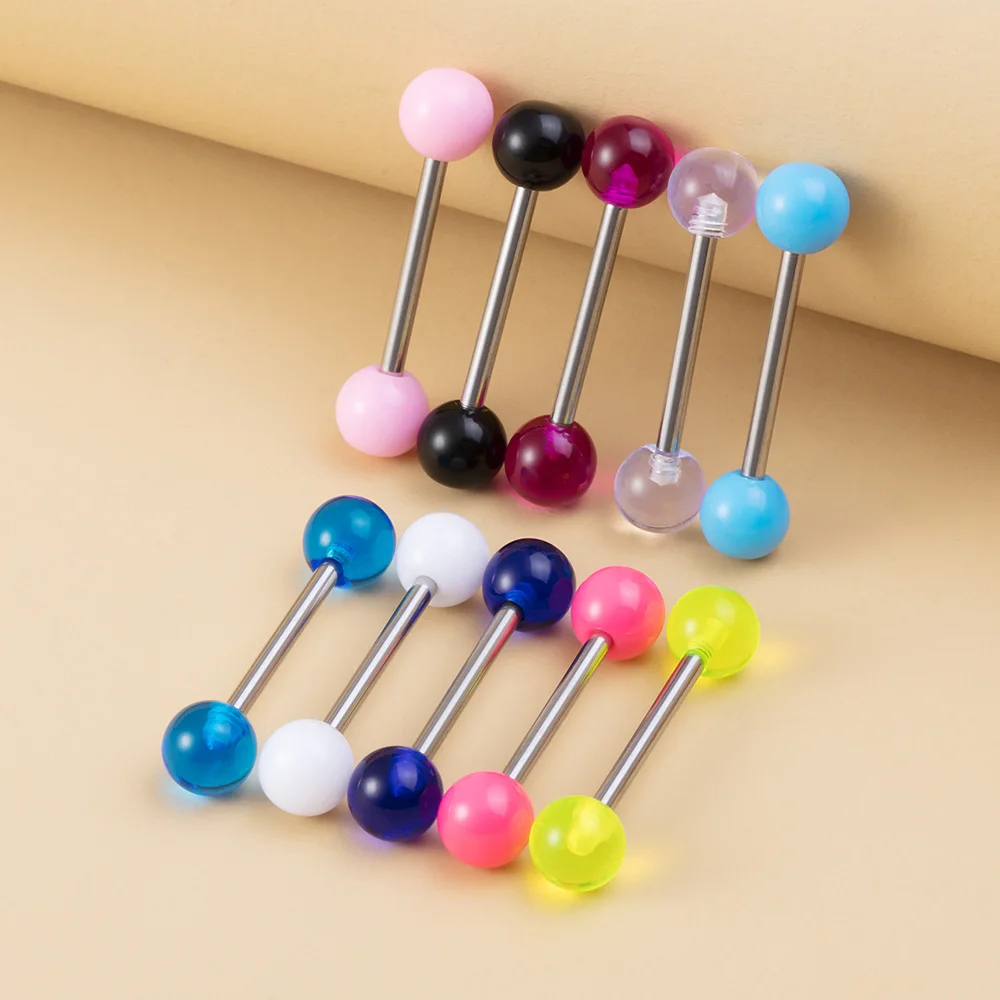 10 Stück Zungenringe, bunte Acrylkugel, 14 g, chirurgischer Stahl, gerade Zungenpiercing-Hanteln für Frauen, Körperpiercing-Schmuck – Detail 7
