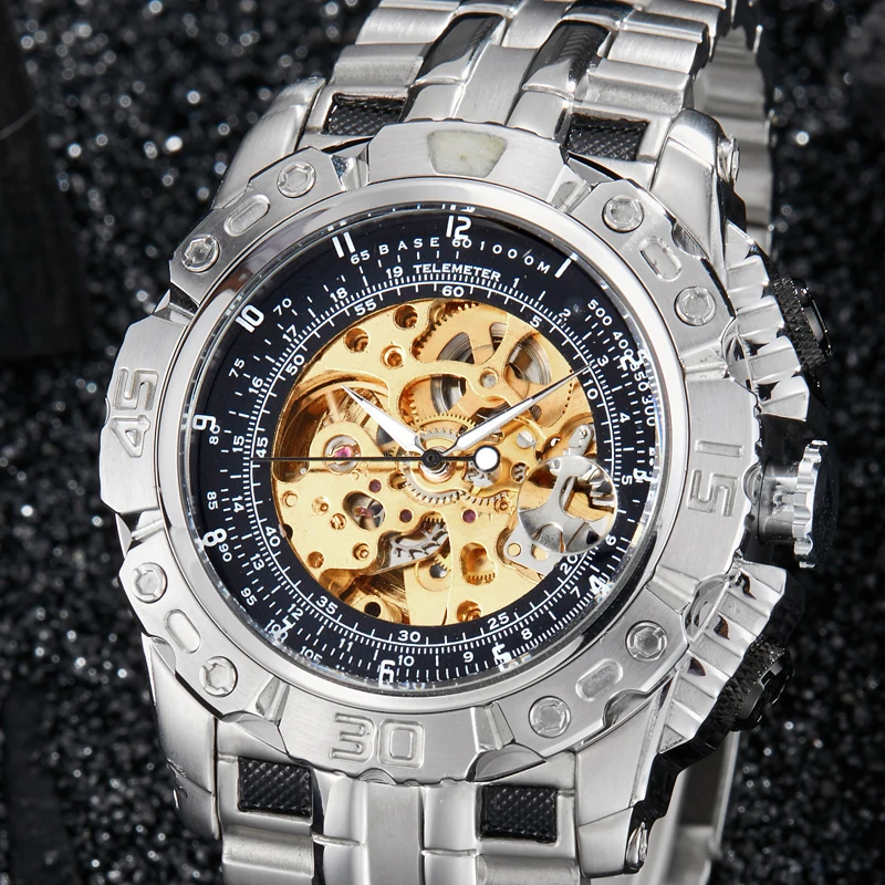 Reloj mecánico automático para hombre, cronógrafo de pulsera de esqueleto de acero completo, esfera grande, plateado y dorado, de lujo, de alta