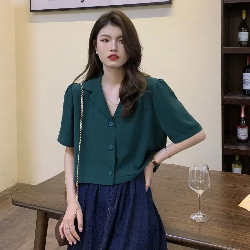 Shirts Women Notched Elegant Fashion Summer Crops Chic Ulzzang Office Ladies Basic All-match Simple Single Breasted Casual Solid