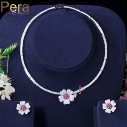 Pera Trendy Rose Red Cubic Zirconia Setting Lovely Flower Earrings and Pendant Necklace Sets for Women CZ Costume Jewelry J139
