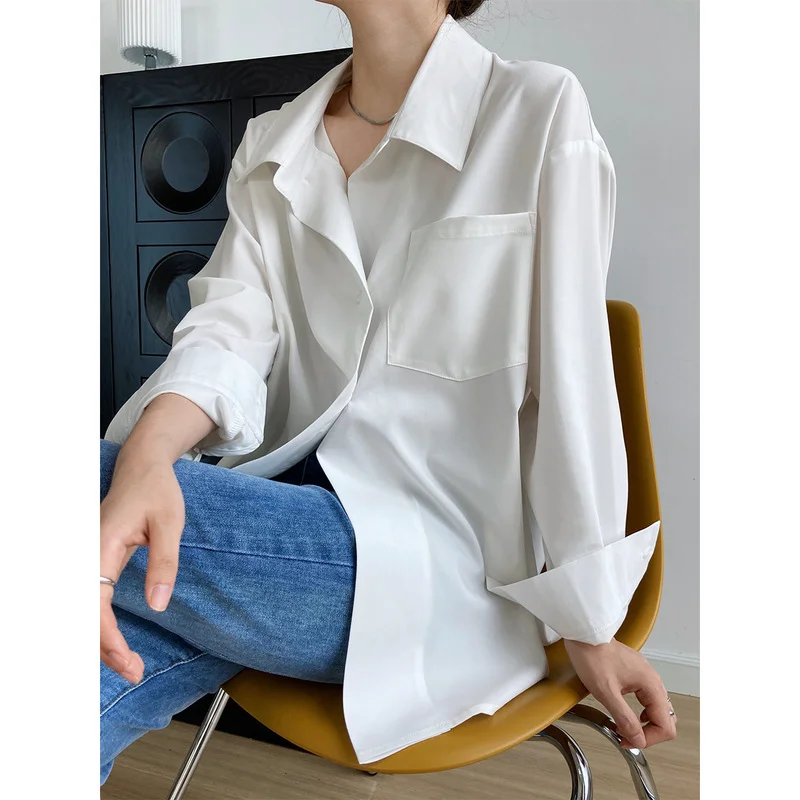 

Loose Loose White Shirt Women's Autumn 2022 New Korean Design Blouse Office Lady Clothes with Pocket Back Button Shirt 17834