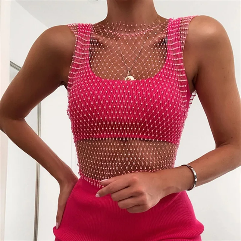 Broušené sklo drahokamu síťované osvěta nejvyšší ženy sexy pletivo dutý vyndat pozorovat naskrz komora nejvyšší pláž slavnost zuřit večírek clubwear camis tričko