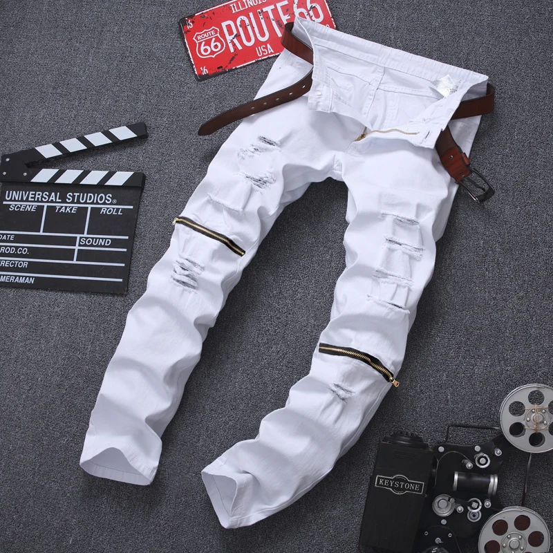 Zipper Designer Ripped Jeans For Men Slim 2020 Men's Fashion Thin Skinny Jeans for Men Hiphop Denim Trousers Clothes Clothing