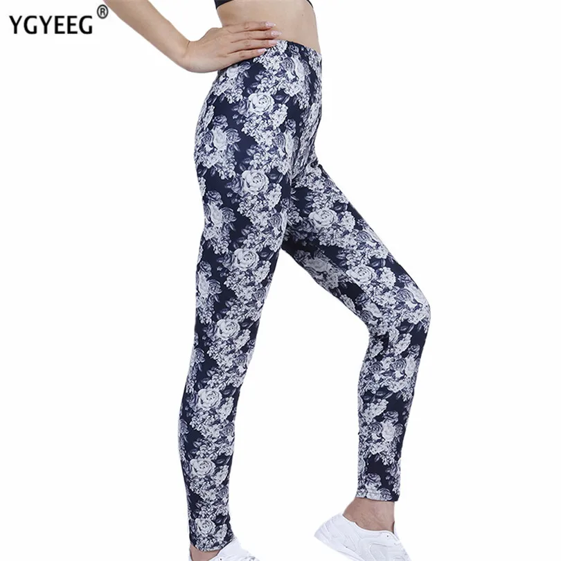 

YGYEEG Women High Waist Leggings Stretch Push Up Fitness Exercise Breathable Black Retro Flowers Printed Pattern Solid Clothes