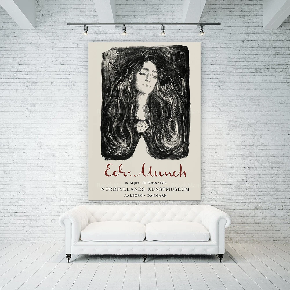 Edvard Munch Exhibition Poster Eva Mudocci Print, Vintage Black White Museum Wall Art Woman Portrait line Sketch Modern Decor