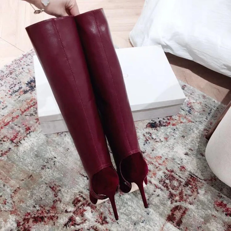 Versatile Knee High Ladies Boots Suede Upper Material Leather Shaft Removable Solid Spring Shoes Burgundy Blue Custom Made