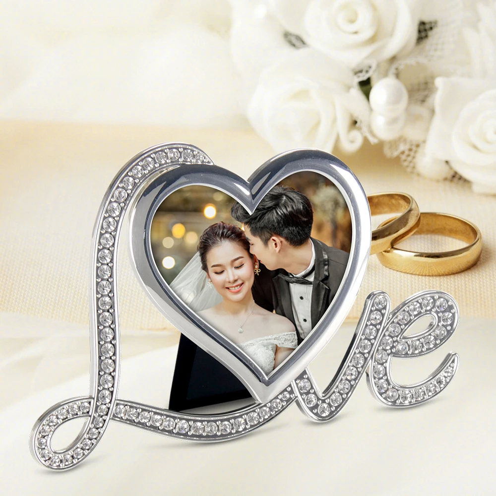 Elegant Silver Plated Heart Shaped Mr & Mrs Photo Frame Ring Picture Frame Wedding Anniversary Valentine's Day Gifts