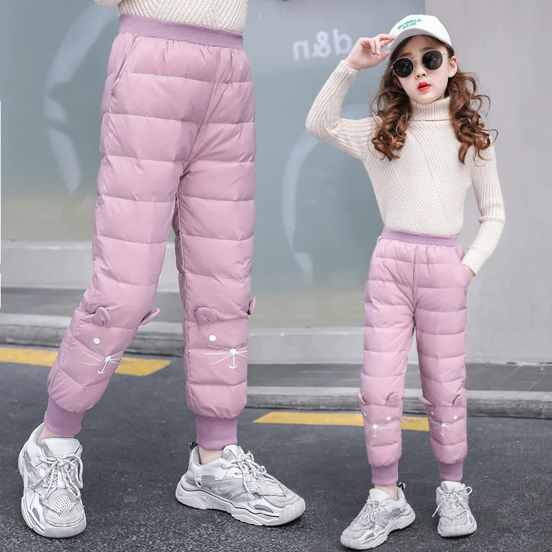 New Winter Kids Girl Waterproof Warm Cotton Padded Down Pants Clothes Teenagers Children Windproof Cat Baby Thick Trousers 3-14Y