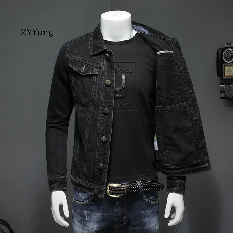 Casaco bomber preto masculino estilo europeu, jaqueta jeans slim para motocicleta, vestuário casual