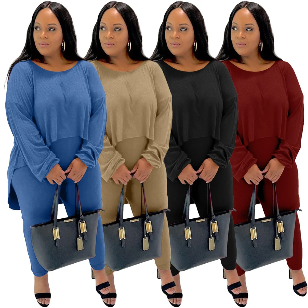 Plus Size Pants Sets Women Fall Clothes Casual 2 Piece Set  Irregular Hem Tops Stretch Leggings Tracksuit Wholesale Dropshipping