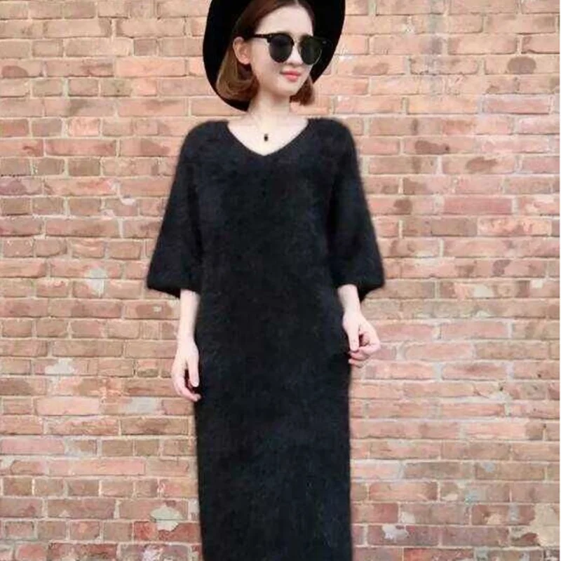 Long hair mink velvet V-Neck Sweater super long dress slim fitting and slim Pullover coat with 7 / 4 sleeves mink fur as base