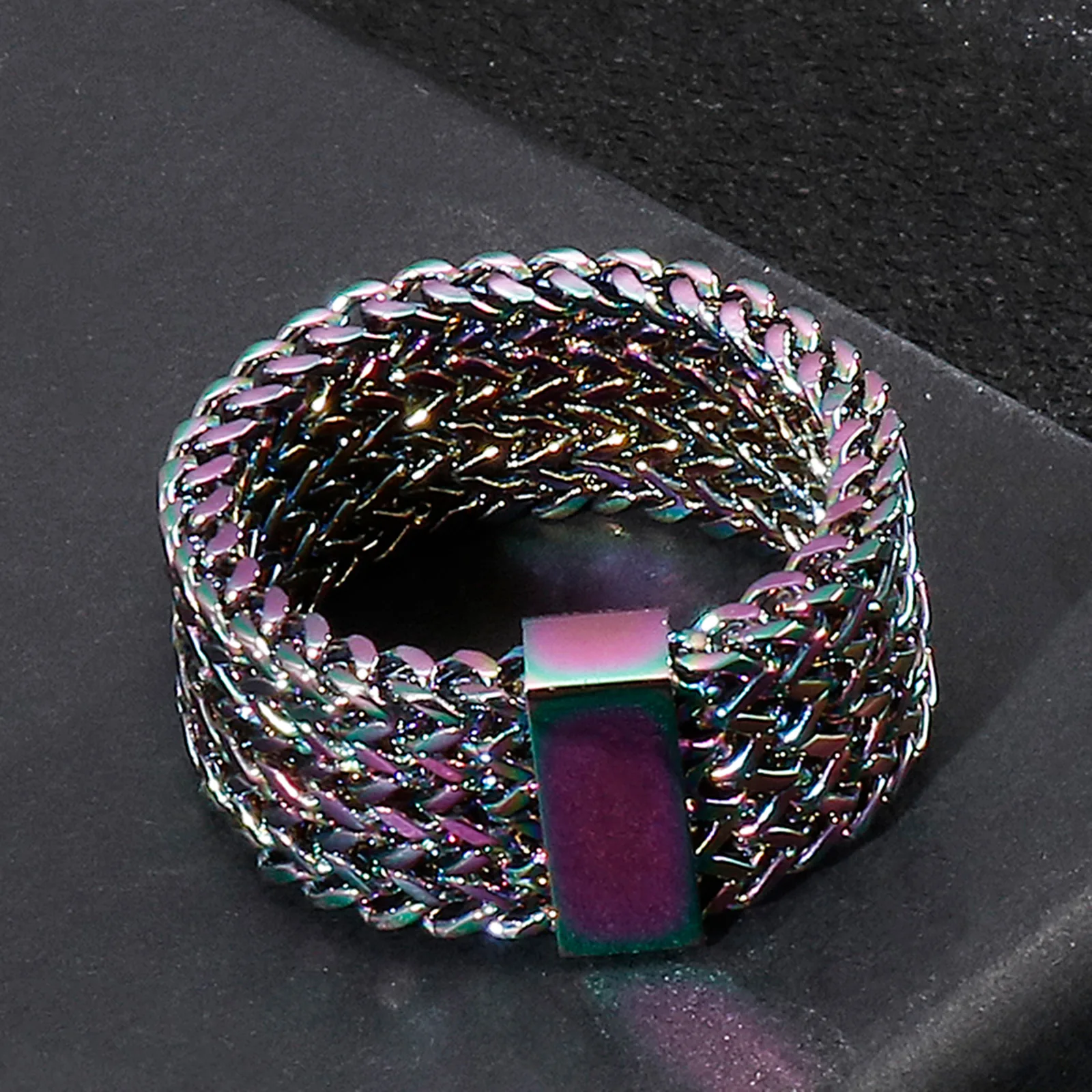 Fongten Men Ring Stainless Steel Mesh Chain Charm Rings For Men Hip Hop Finger Multiple Color Jewelry