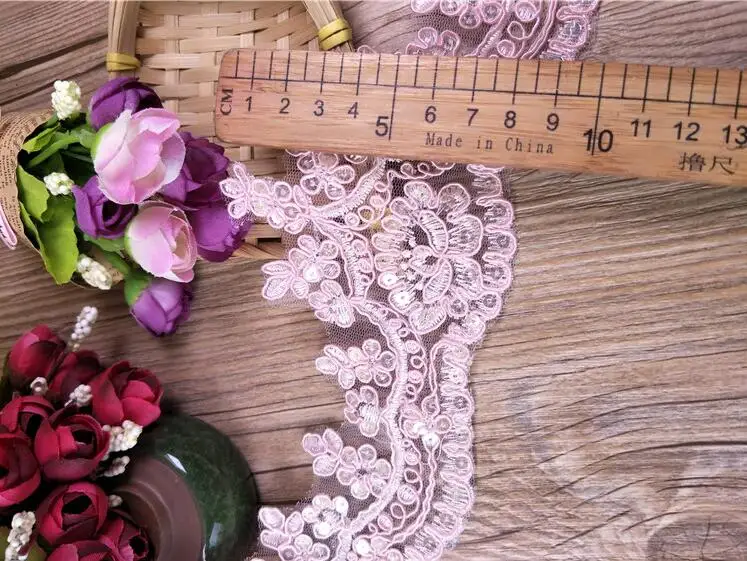 1 Meter Venise Cording Fabric Sequins Pink Flower Venice Mesh Lace Trim Applique Sewing Craft for Wedding Dec