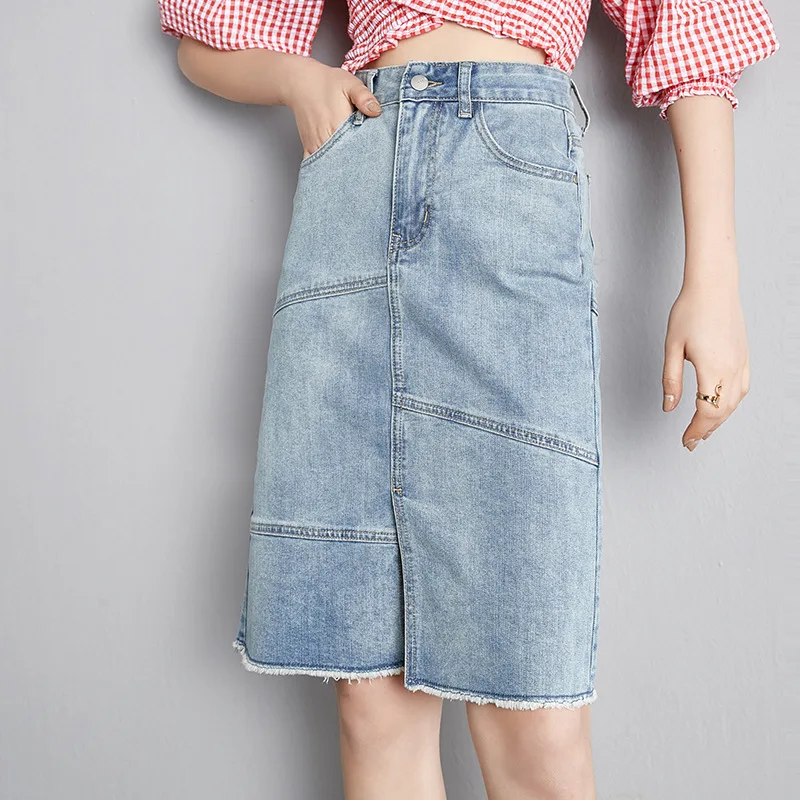 

Women's Classic Washed Denim Mini Skirt Solid Light Blue Vintage Patchwork Front Split Hem Straight Skirts Spring Summer 2021