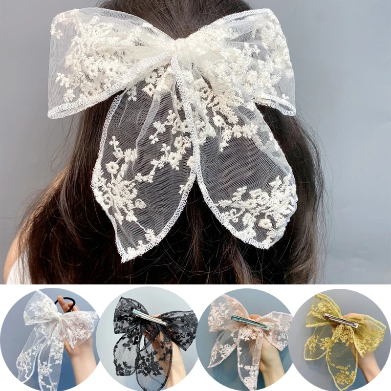 New Fashion Women Girls Cute Black White Cotton Lace Flower Bow Ribbon Hairpins Sweet Headband Hair Ornament Hair Accessories