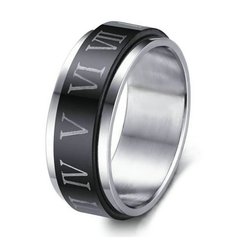Black Color Stainless Steel Statement Ring Cool Rotatable Punk Roman Number Rings for Men Women Fashion Jewelry