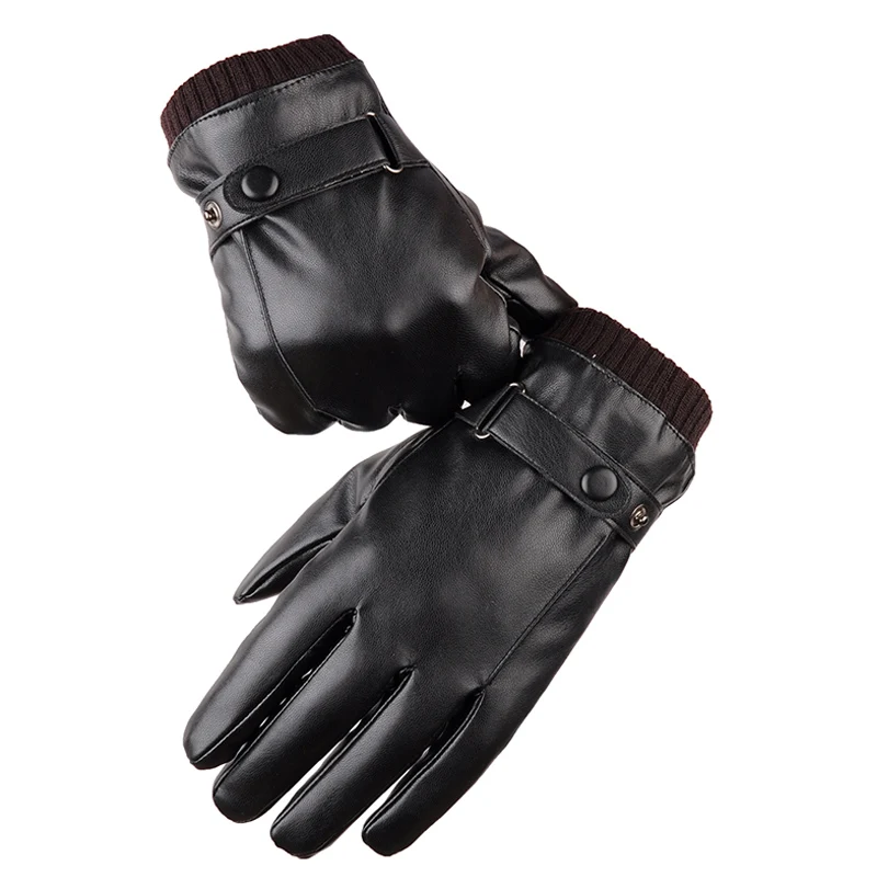 Winter Men\'s Leather Gloves Touch Screen Windproof Keep Warm Driving Guantes Male Autumn and Winter Leather Gloves Black