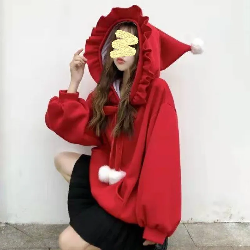 Women's Hoodie Jumpers Tops Girl Hooded Red Yellow Solid Stitch Loose Pullovers Fleece Furry Ball Cute Kawaii Kangaroo Pocket