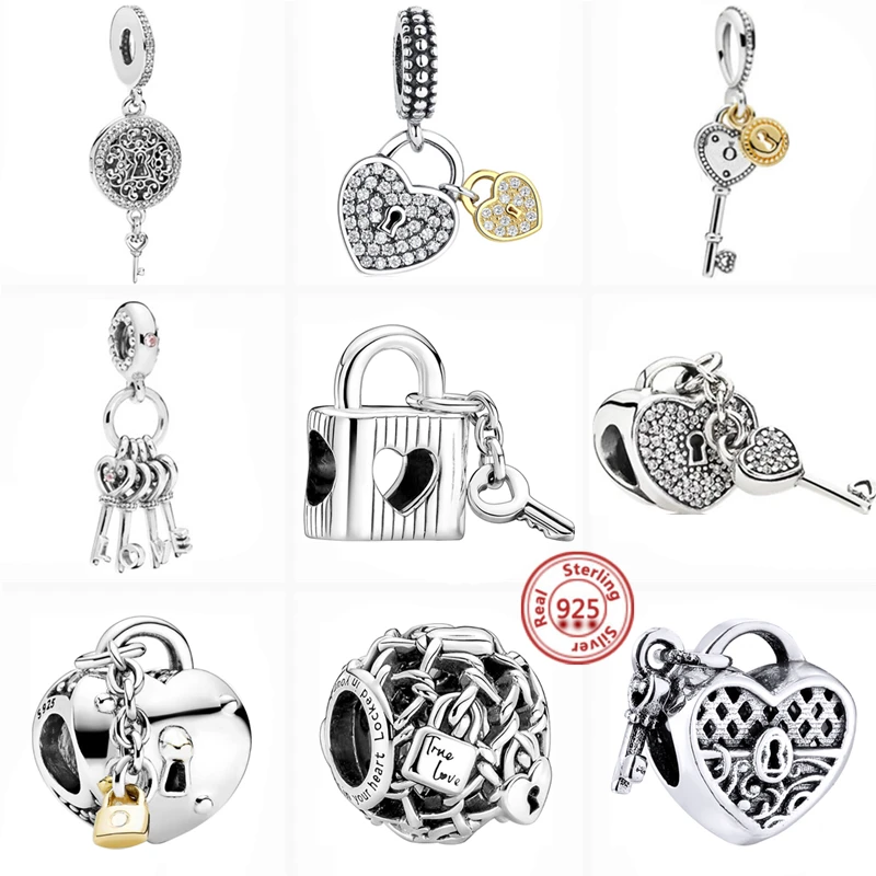 

925 Sterling Silver Openwork Chain Link Padlock Heart Key Lock Dangle Charm Bead Fit Original Pandora Bracelet Women DIY Jewelry