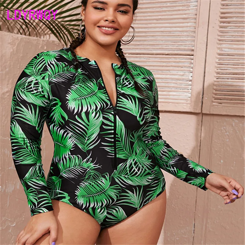 LDYRWQY  2021 new European and American fashion long-sleeved printed zipper plus size conservative one-piece bikini swimsuit