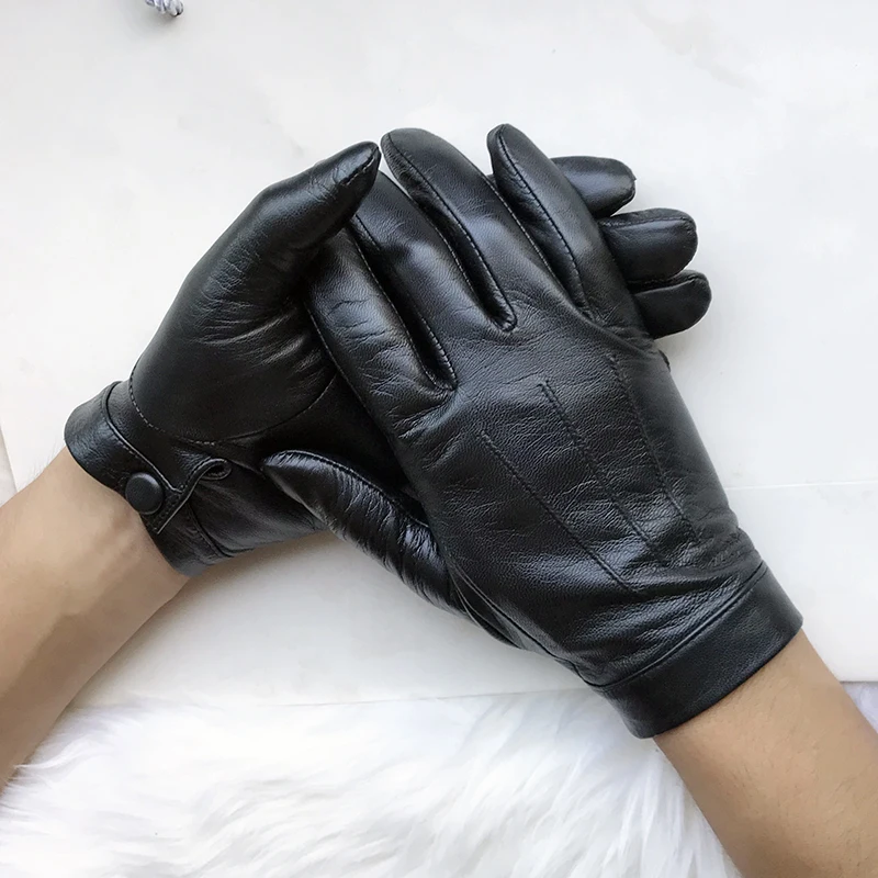 Unlined Gloves Wrist Button Sheep Leather Touch Screen Winter Gloves For Men Black Thin Lining Genuine Leather