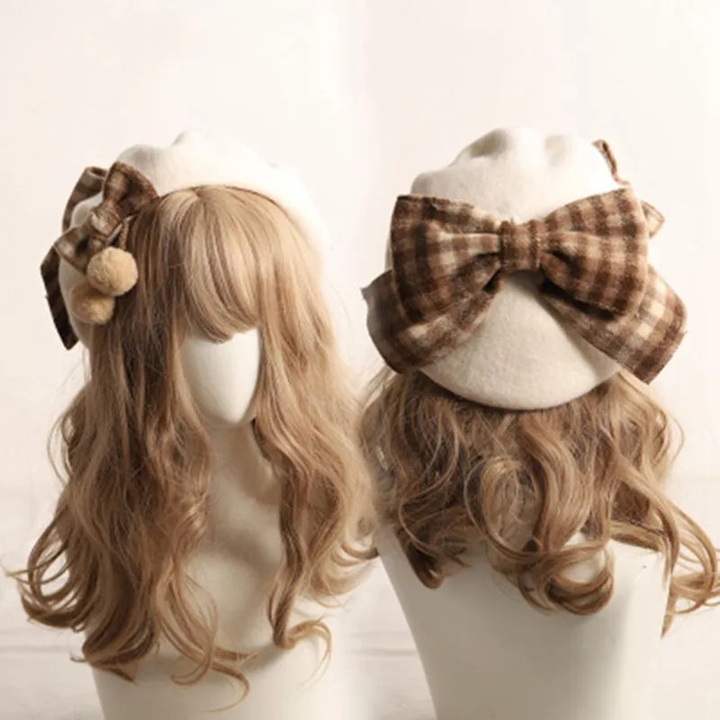 Kawaii Beret Hat Lolita Teenage heart Sweet Woolen Handmade Cute Plaid Bowknot Warm Autumn Winter Painter Hat Headdress