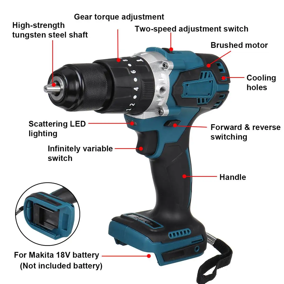 Drillpro 3 in 1 Brushless Electric Hammer Drill Screwdriver 13mm 20+3 Torque Cordless Impact Drill for Makita 18V Battery