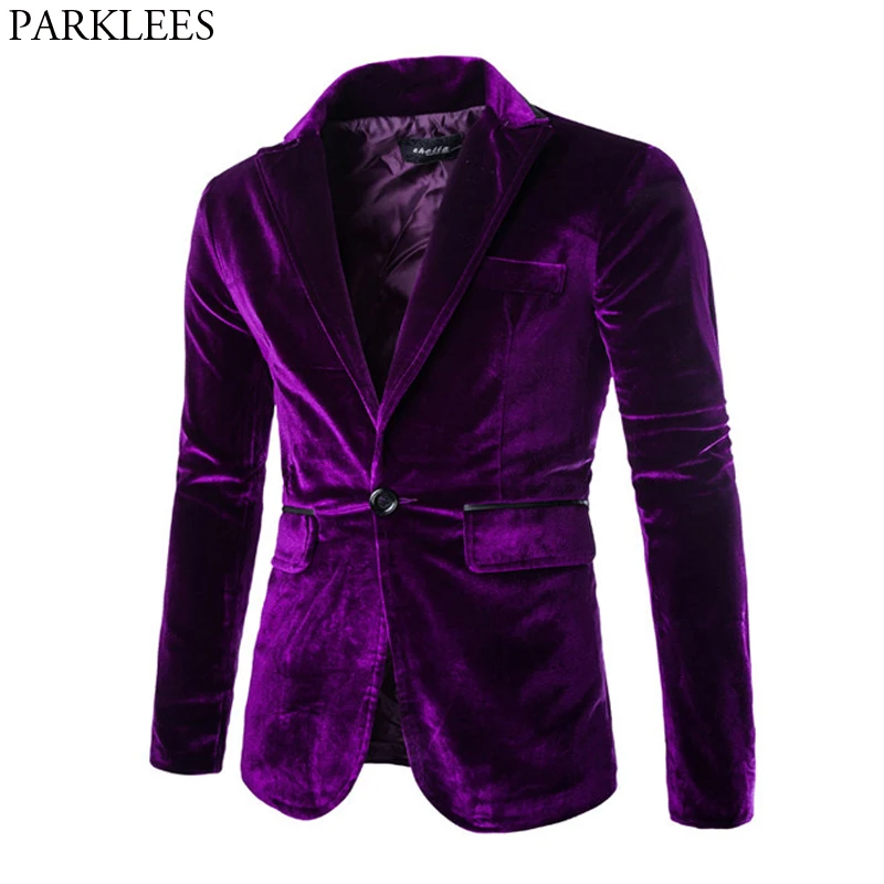Chaqueta de terciopelo con un botón para hombre, Blazer morado brillante, ajustado, para fiesta, Club, boda, Primavera, 2022