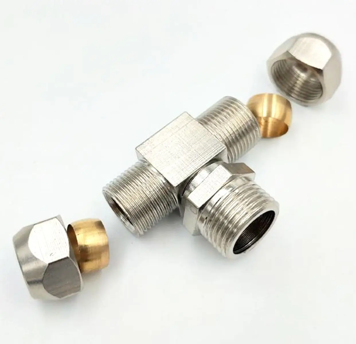 Fit 6-12mm Tube O/D 1/8 "1/4" 3/8 "1/2" BSPP M10 męski środkowy trójnik niklowany mosiądz okucie pneumatyczne powietrze złączka zaciskowa