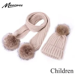 Winter Warm Knitted Cotton Hats Ladies Faux Fur Pompom Scarf Ski Parent-Child Caps Boy Girl Children Beanies For Women Skulli