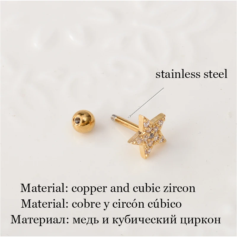 1 Pcs Fashion Elegant Crystal Ear Piercing Stud Star Butterfly Flower Cartilage Helix Conch Screw Back Earring For Woman Jewelry