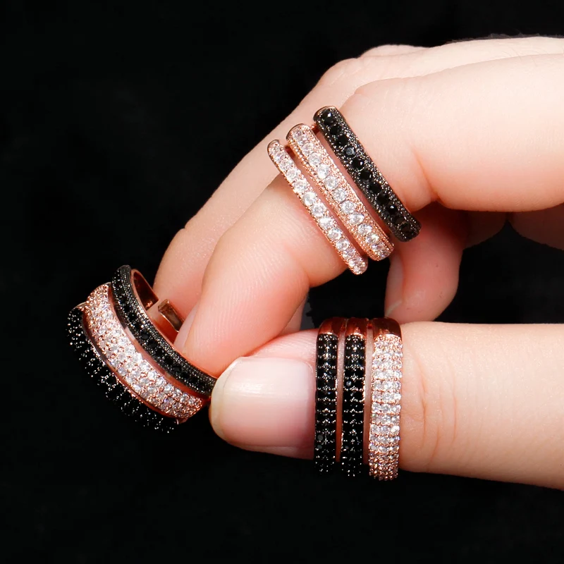 CWWZircons Adjustable Size 3 Layers Black White CZ Stone 585 Rose Gold Color Open Rings Female Wedding Engagement Jewelry R165 - Image 6
