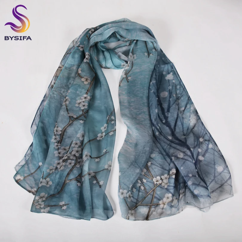 [BYSIFA] Blue Pure Silk Scarf Shawl Women Fashion Magpie On The Plum Design Long Scarves Fall Winter Scarves