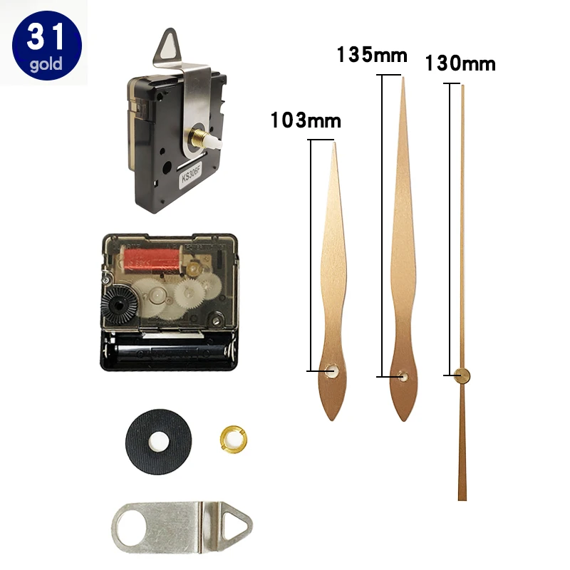 Power High Torque 6mm Screw Axis Quartz Movement Sweep Large Wall Clock Accessory With Gold Long Hands And Nuts Hook DIY Kits