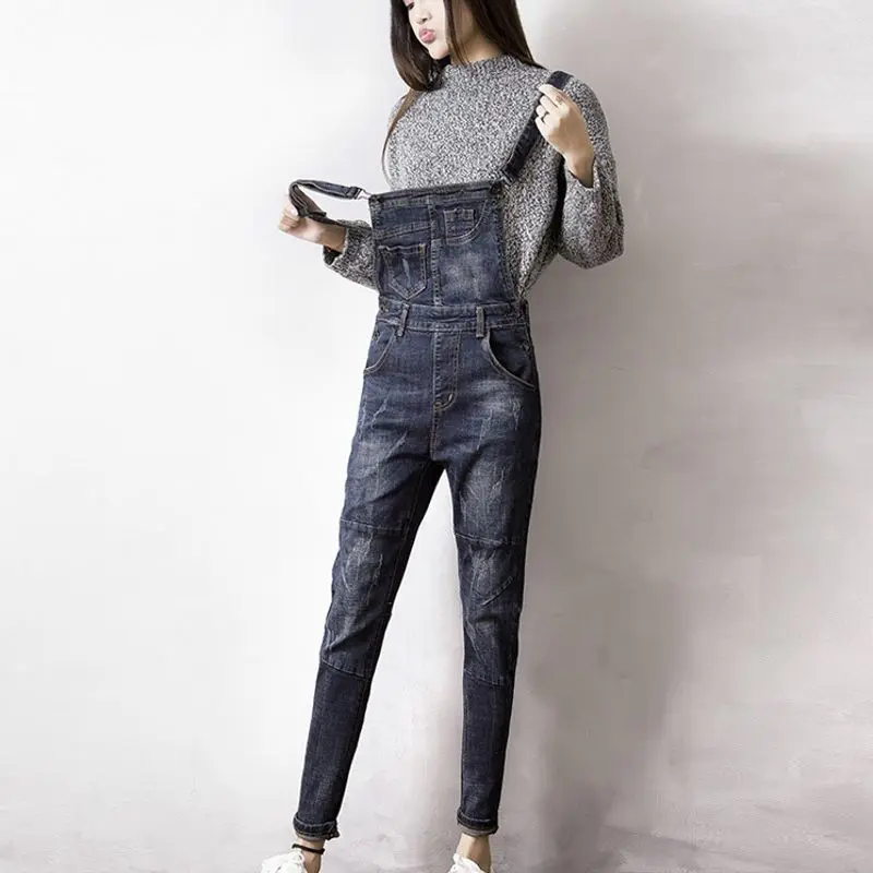 Baru Kedatangan Fashion Plus Ukuran Denim Bib Celana Longgar Wanita Jeans Celana untuk Perempuan Rompers Overall Kantong Celana Kodok