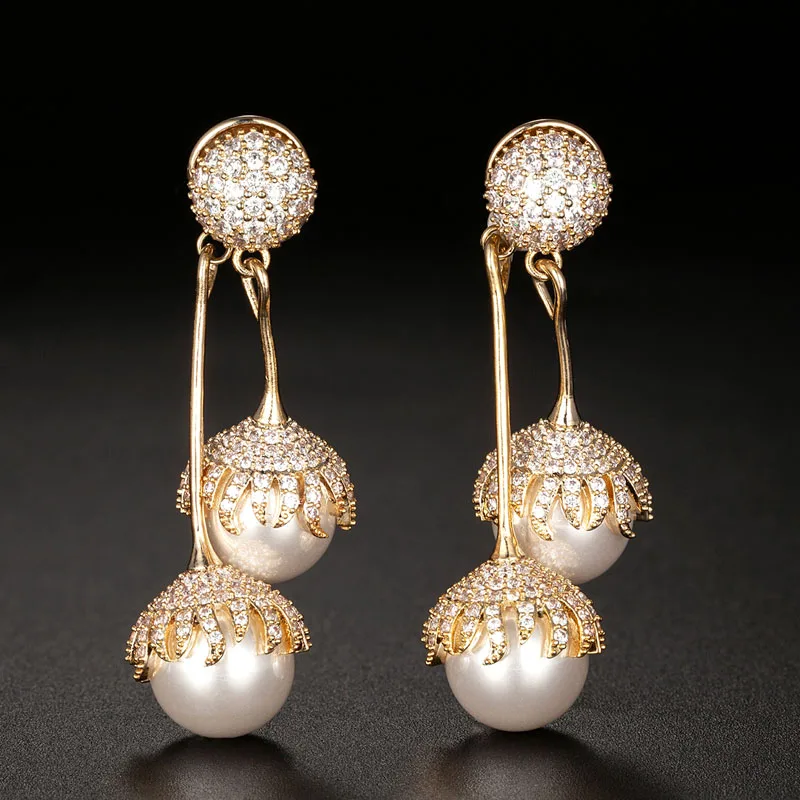 

Zlxgirl jewelry luxury brand full zircon ball shape women's wedding pearl earrings jewelry high quality Dubai Gold copper ears