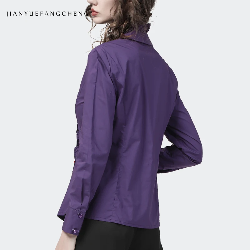 100% Cotton Women Ruffle Suit Collar Long Sleeve Shirt 2021 Autumn new Elegant Slim Purple Single-Breasted Ladies Top