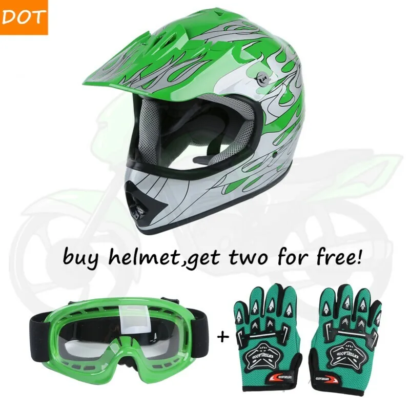 Motorcycle Youth Kids Helmet Green Flame Dirt Bike ATV Motocross Helmet MX+Goggles+Gloves capacete moto Gifts full face kask