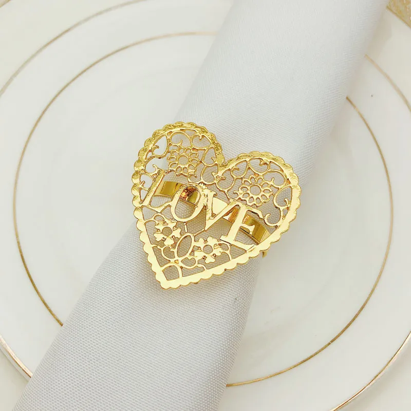 10pcs/lot Hot sale napkin ring heart-shaped hollow napkin buckle golden napkin ring wedding Valentine’s day table decoration