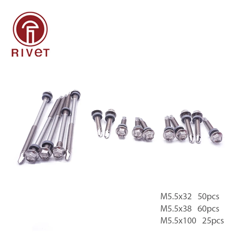 135 Pcs/Set Dovetail Screw 410 Stainless Steel Head Drilling Screws Hex Head Self Drilling Screws Cross Drill Tail Screws M5.5