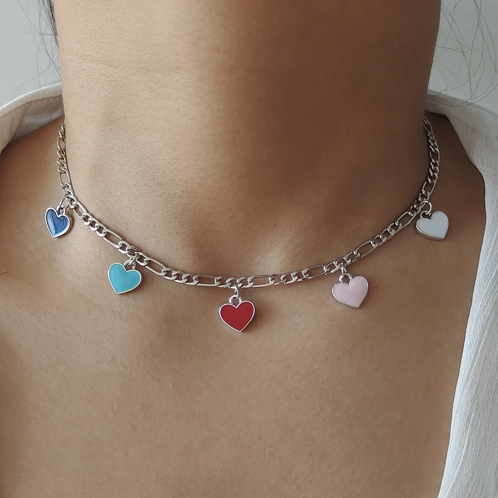 ZX Hip Hop Silver Color Metal Chain Chokers Short Necklace Fashion Women Girls Cute Heart Pendants Necklace Wholesale Party Gift