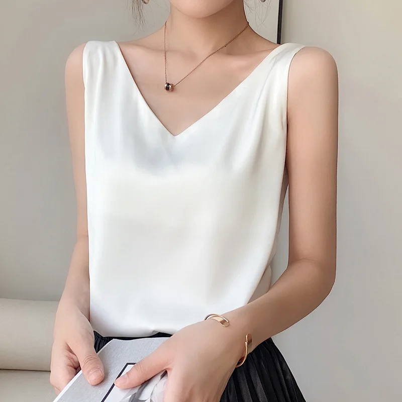 Strap Top Women Halter V Neck Basic White Cami Sleeveless Satin Silk Tank Tops Women\'S Summer Camisole