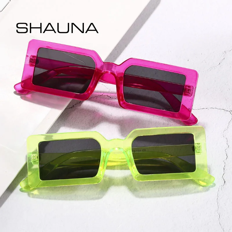 SHAUNA Ins Popular Retro Fluorescent Green Rectangle Sunglasses UV400