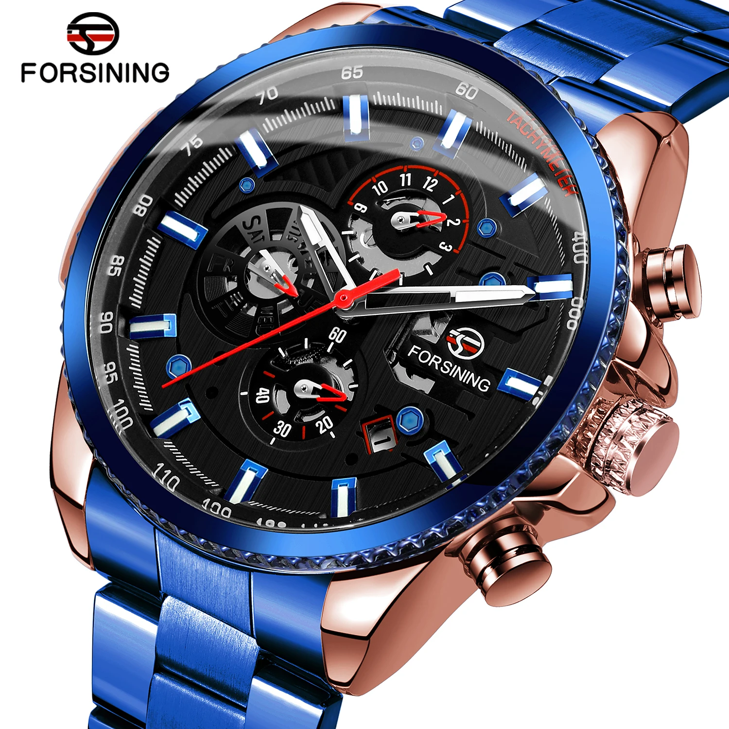 FORSINNG Men's Hollow out Automatic Watch luminous Week Calendar Watch Circular steel strap Wrist watch