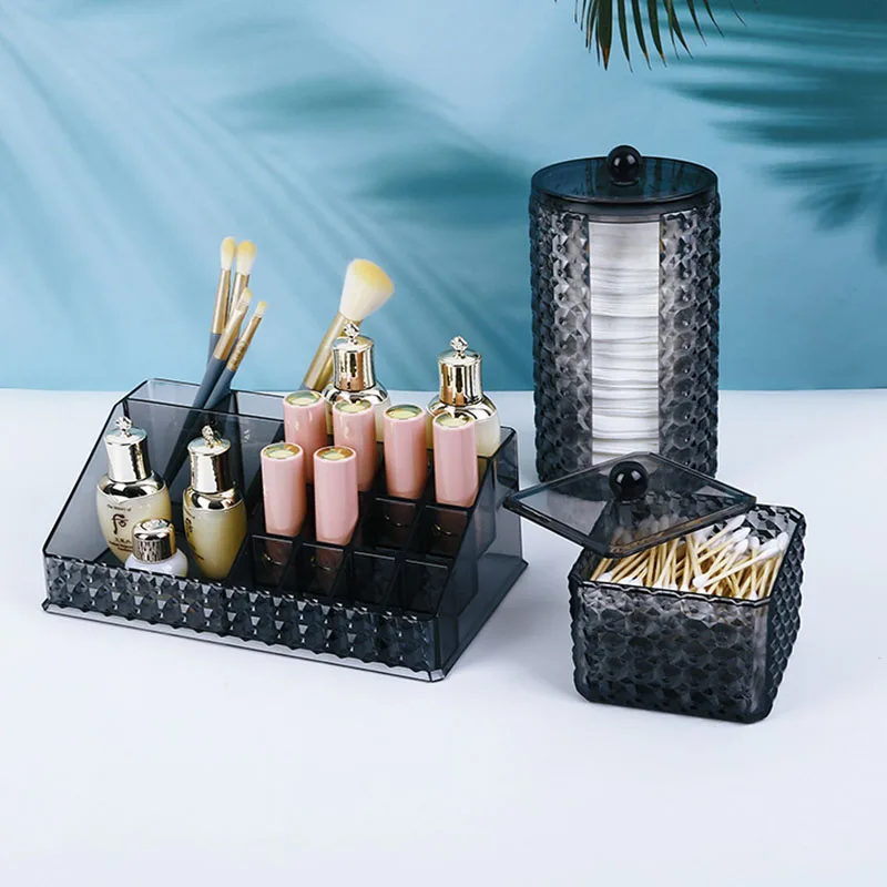 1Pc Transparent Black Acrylic Cotton Swab Tissue With Lid Storage Box Desktop Dustproof Lipstick Cosmetics Storage Mechanism